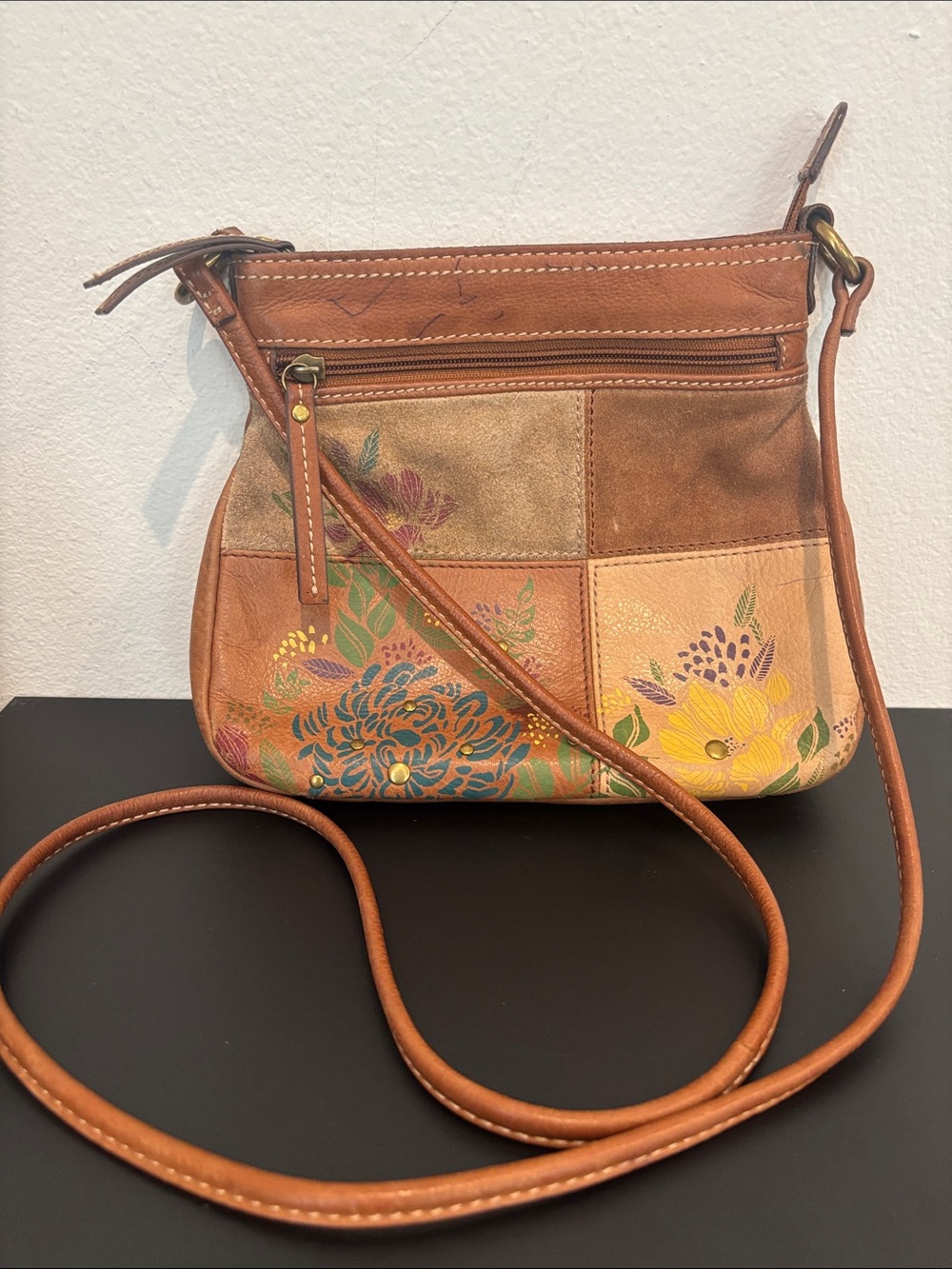 Vintage Fossil Patchwork Leather Crossbody Bag Boho Floral Suede Purse